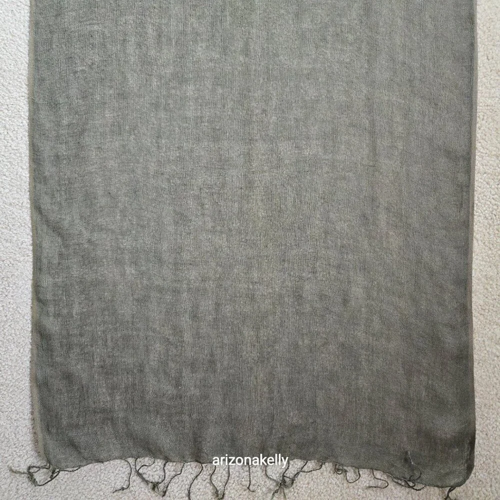 Linen Scarf Olive Green Fringe - Picture 5 of 9